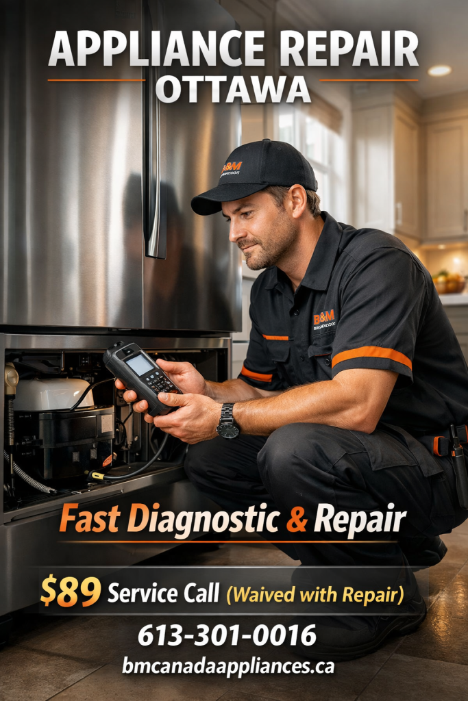 Need appliance repair Ottawa? B&M Canada Appliances provides Ottawa appliance repair and home appliance repair Ottawa for fridges, washers, dryers, dishwashers, ovens & more. Clear quotes, $89 + tax diagnostic, and pro service. Call +1 (613) 301-0016.