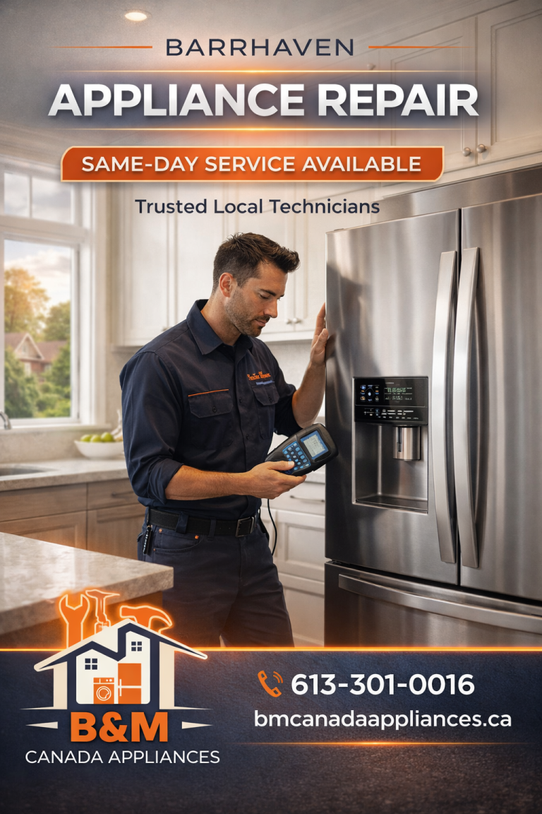 appliance repair barrhaven technician diagnosing household appliance in ottawa home